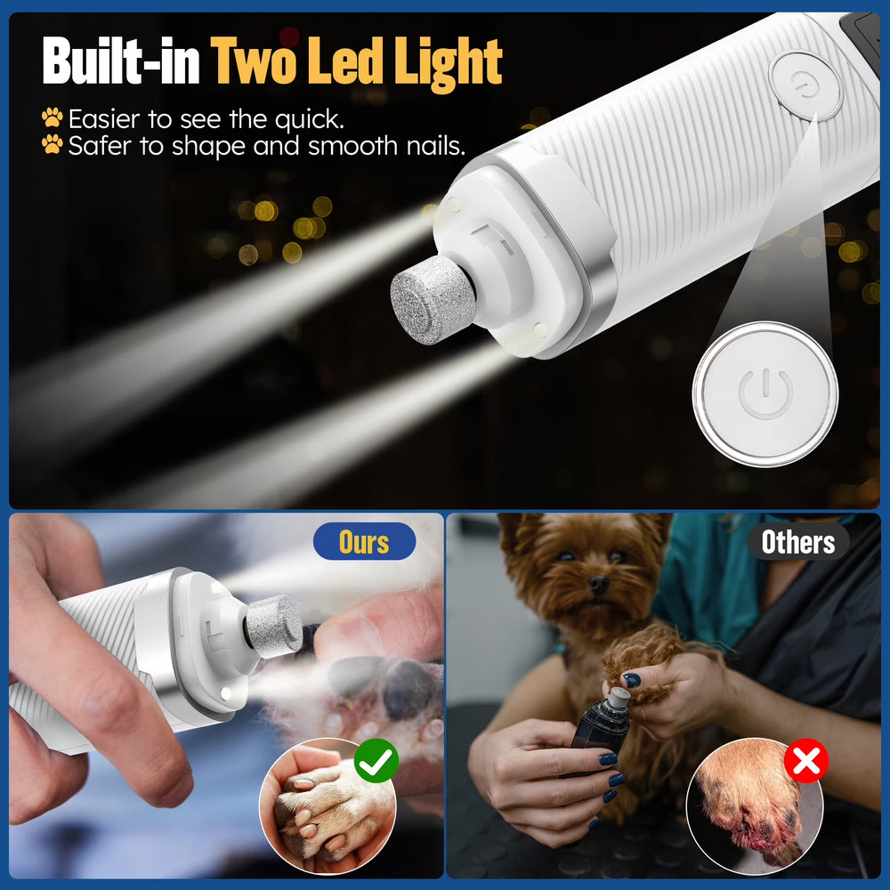 Dog Nail Grinder, Pet Nail Trimmer for Dog Cat with Lights, Low Vibration, LCD Display, Quiet 3 Speeds Electric Pet Nail Polisher, Clipper Grooming Tool for All Breed, White