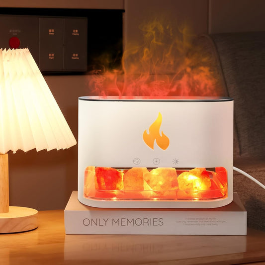 Essential Oil Diffuser 2 in 1 Aromatherapy Diffuser & Himalayan Salt Lamp 250Ml Flame Humidifier for Bedroom Mute Colorful Night Light (Without Essential Oil, Timeable, White)