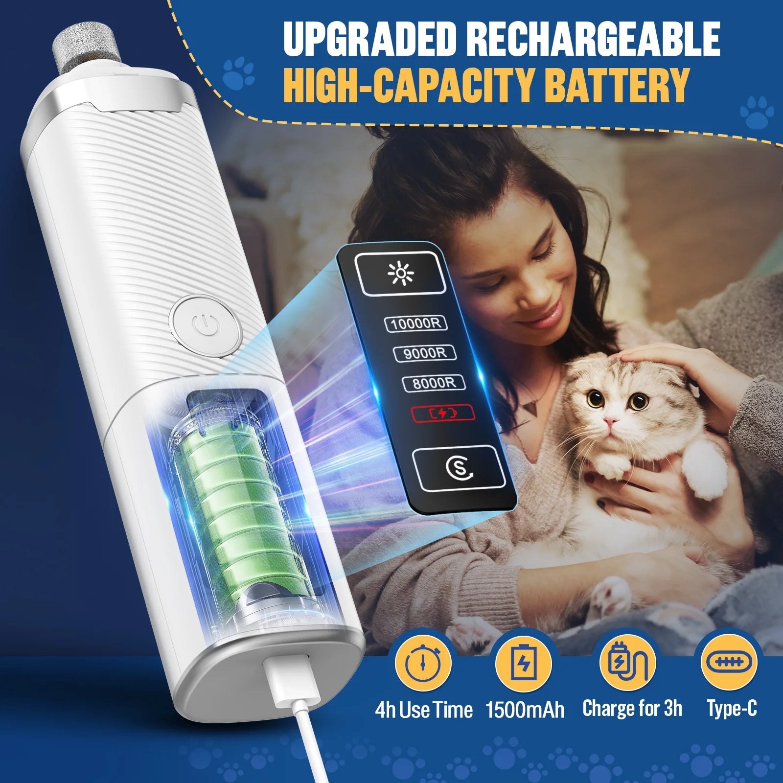 Dog Nail Grinder, Pet Nail Trimmer for Dog Cat with Lights, Low Vibration, LCD Display, Quiet 3 Speeds Electric Pet Nail Polisher, Clipper Grooming Tool for All Breed, White