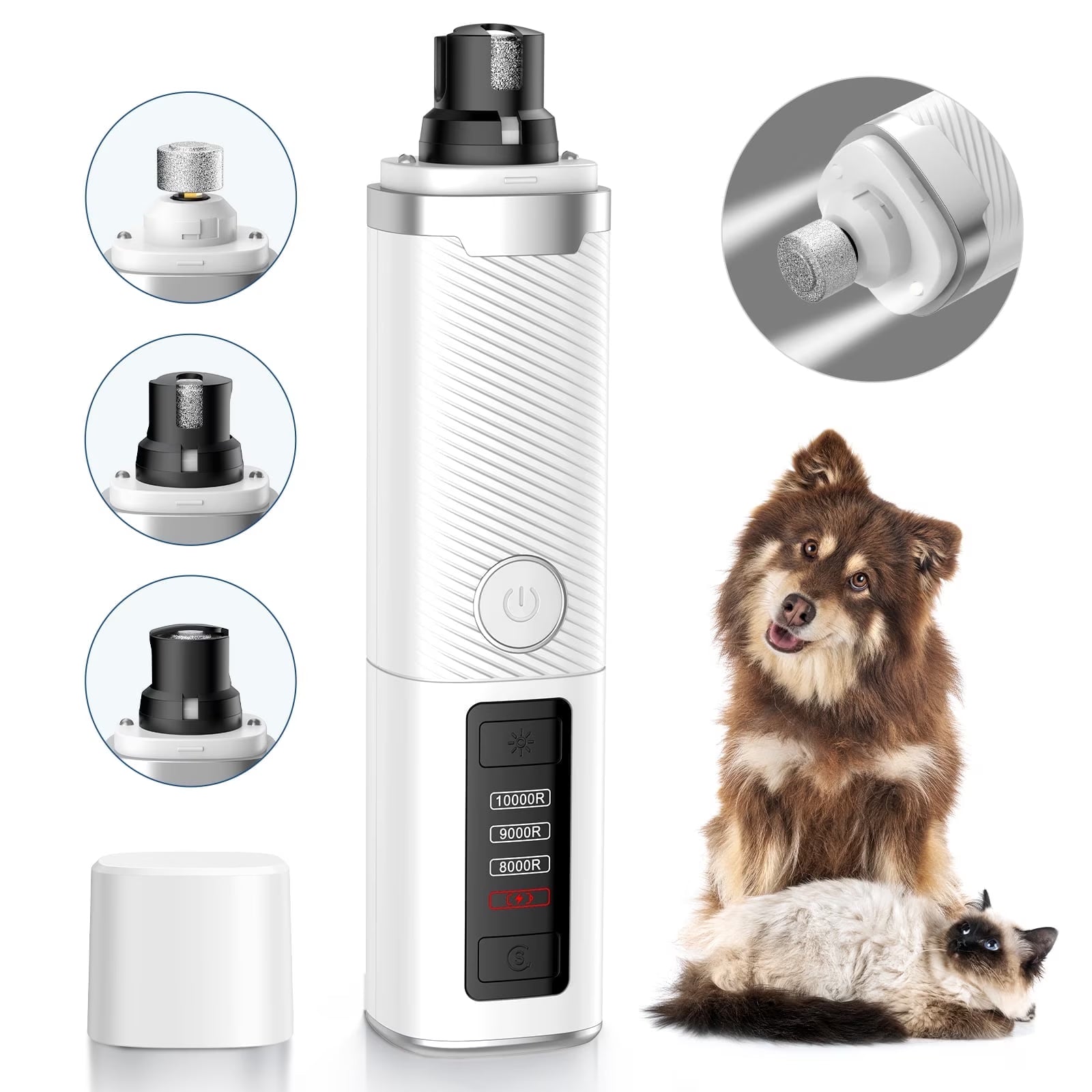 Dog Nail Grinder, Pet Nail Trimmer for Dog Cat with Lights, Low Vibration, LCD Display, Quiet 3 Speeds Electric Pet Nail Polisher, Clipper Grooming Tool for All Breed, White