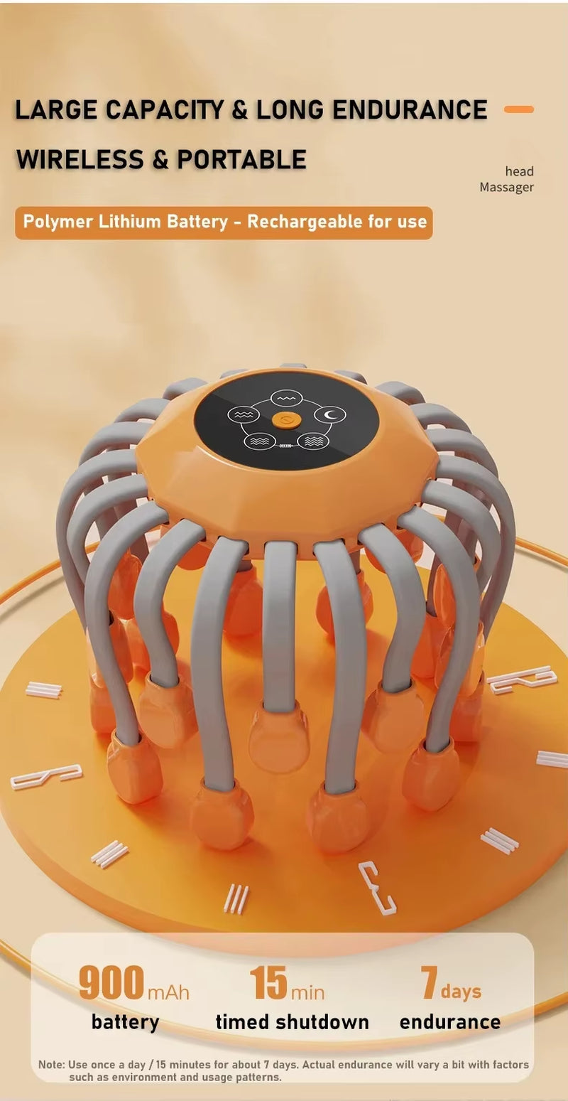 20Massage Heads Orange Scalp Head Massager Red Light Vibrator Octopus Scratcher for Relaxation Stress