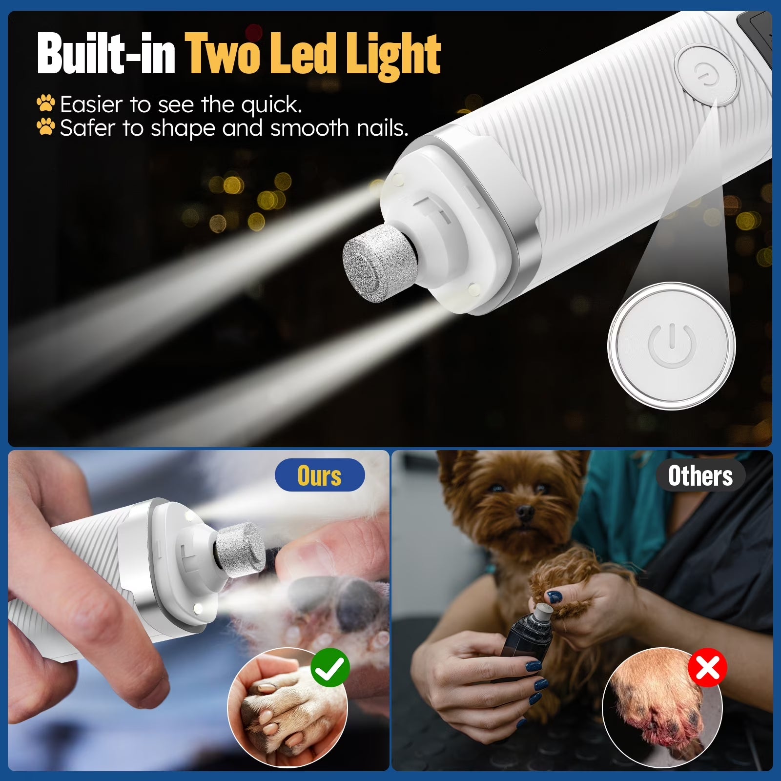 Dog Nail Grinder, Pet Nail Trimmer for Dog Cat with Lights, Low Vibration, LCD Display, Quiet 3 Speeds Electric Pet Nail Polisher, Clipper Grooming Tool for All Breed, White
